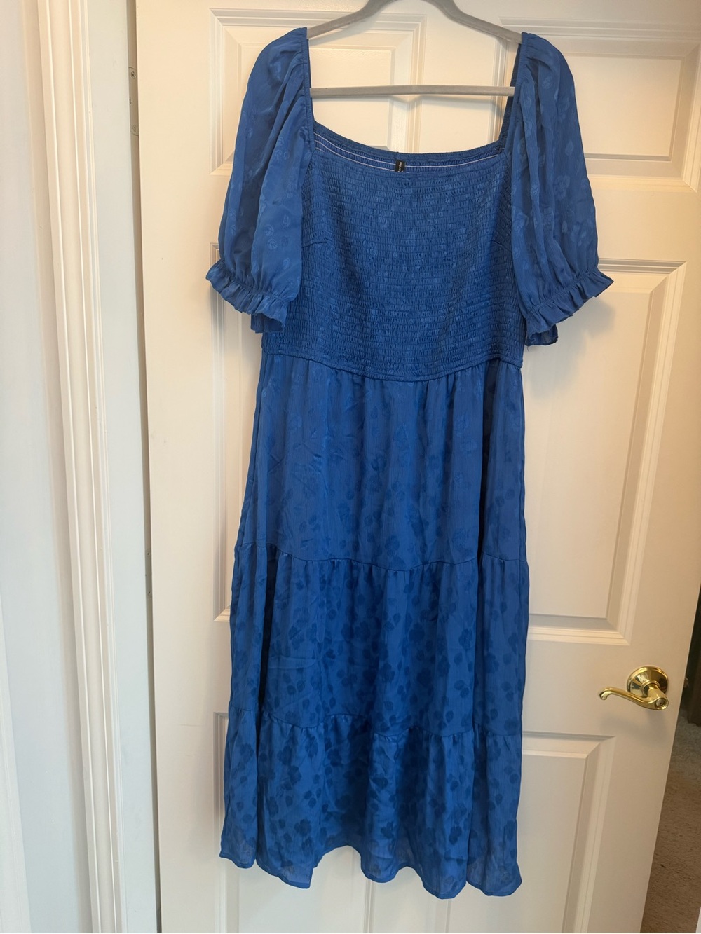 Smocked Blue Midi Dress with Puff Sleeves